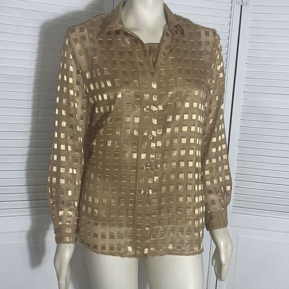 Vintage 90’s Gold Sheer Long Sleeve Button Down Shirt with Matching Gold Sleevel - Picture 3 of 13